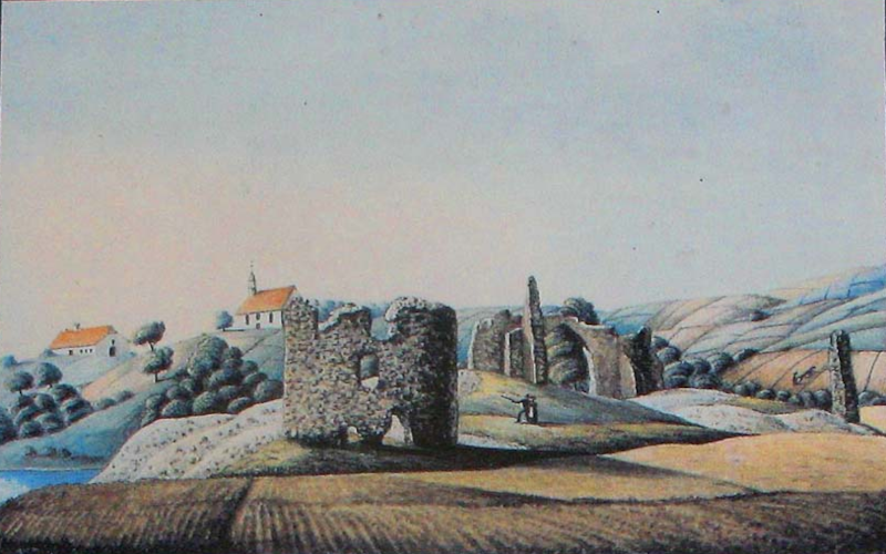 Les ruines du Château Teutonique (Ordre de Livonie) d'Aizkraukles (Ascheraden) vers 1830