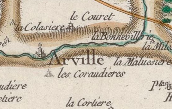 L'emplacement de la maison templière d'Arville sur la carte de Cassini