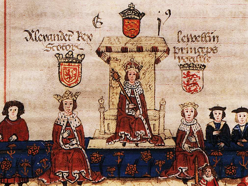 Le roi Alexandre III d'Écosse, à gauche, et Llywelyn, prince de Galles, à droite, en tant qu'invités du roi Édouard Ier d'Angleterre lors d'une session du Parlement anglais.