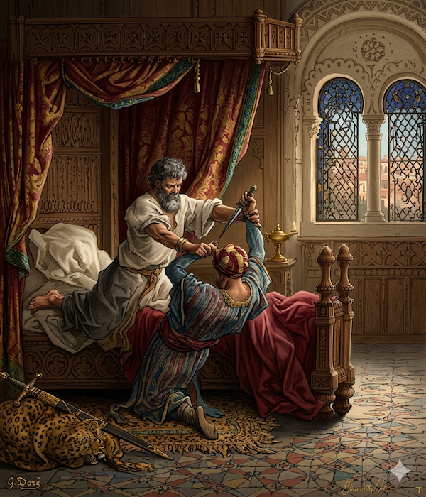 Tentative d'assassinat d'Édouard 1er par un Nizârite selon Gustave Doré