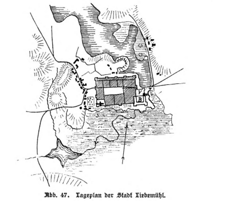 Représentation du village de Miłomłyn (Liebemülh) avec le château dans l'angle sud-est